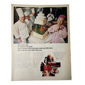 1970 Marriot Hotel Catering Vintage Full Page Print Ad Staff Cake Lady in Pink